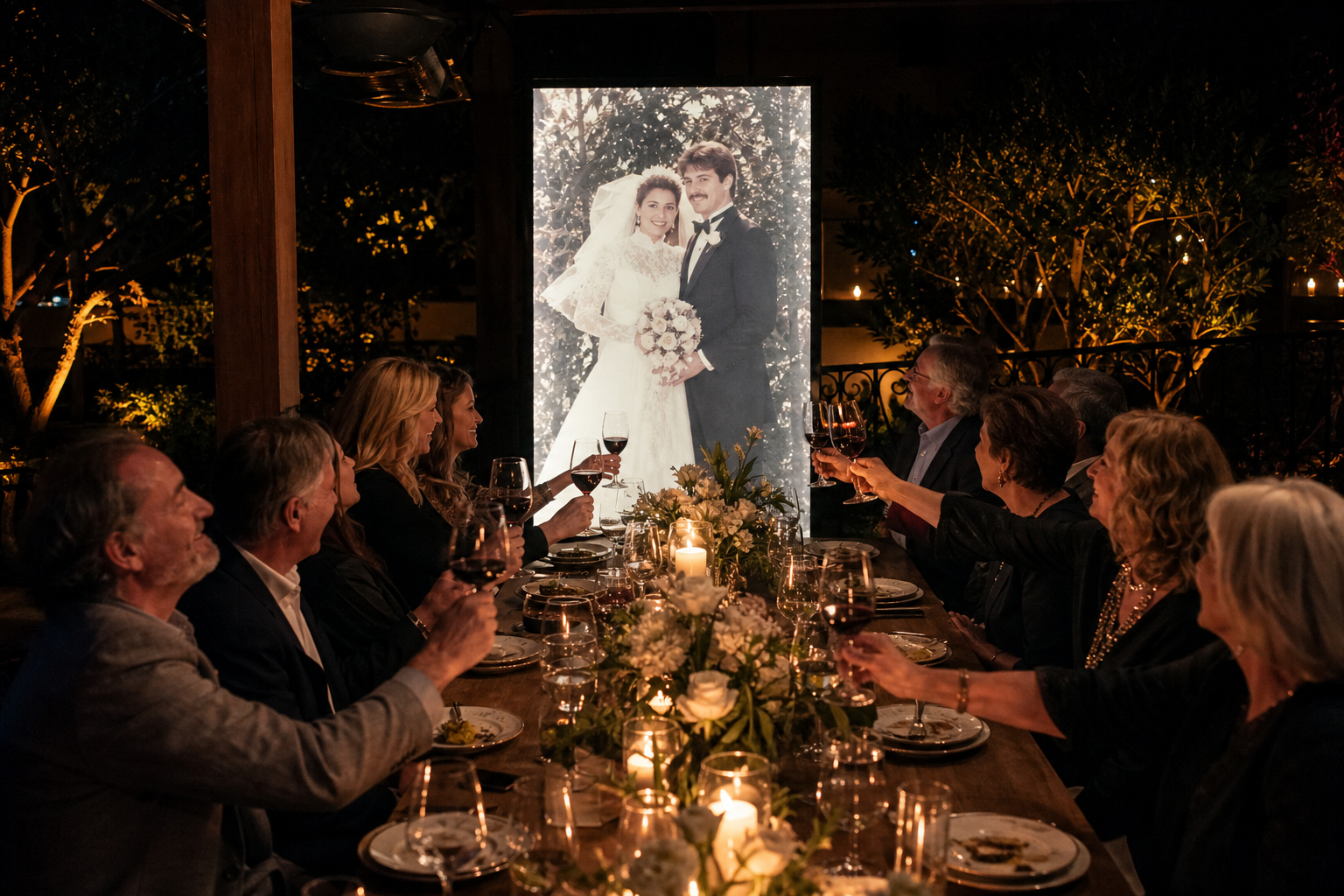 A dinner party toasting beneath a glowing photo from the couple's 1980s wedding
