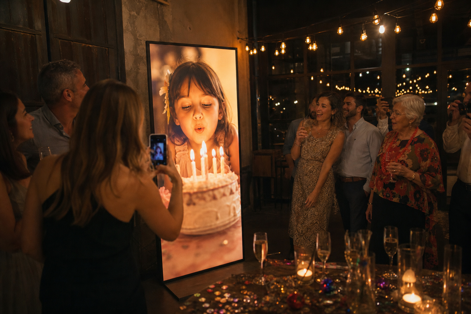 Friends taking photos beside a glowing childhood picture at a birthday party