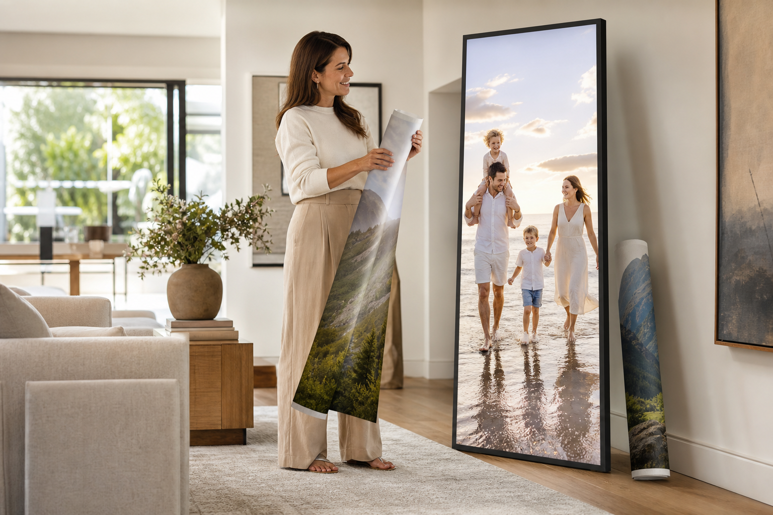 A woman swapping the photograph in her Lit Image frame at home, holding a rolled print
