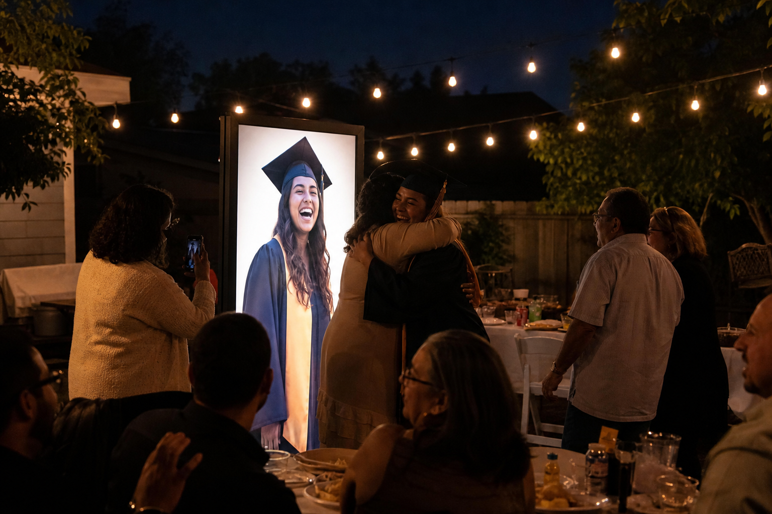 A graduate hugging family beside her glowing portrait at a backyard celebration