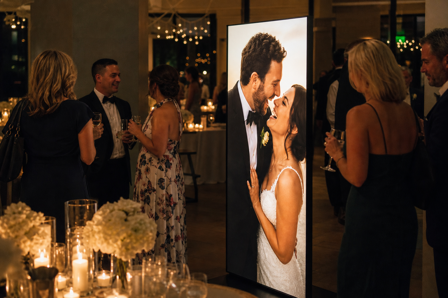 A glowing six-foot-tall photograph of a couple at their candlelit wedding reception, guests mingling beside it