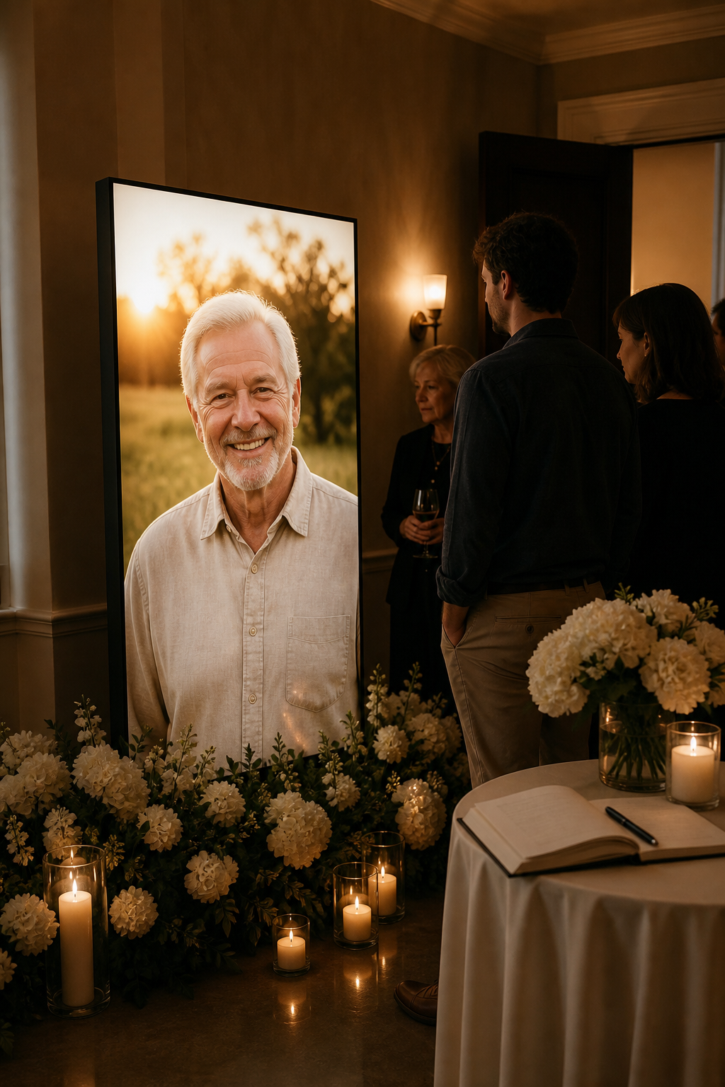 A softly glowing portrait surrounded by white flowers and candles at a memorial