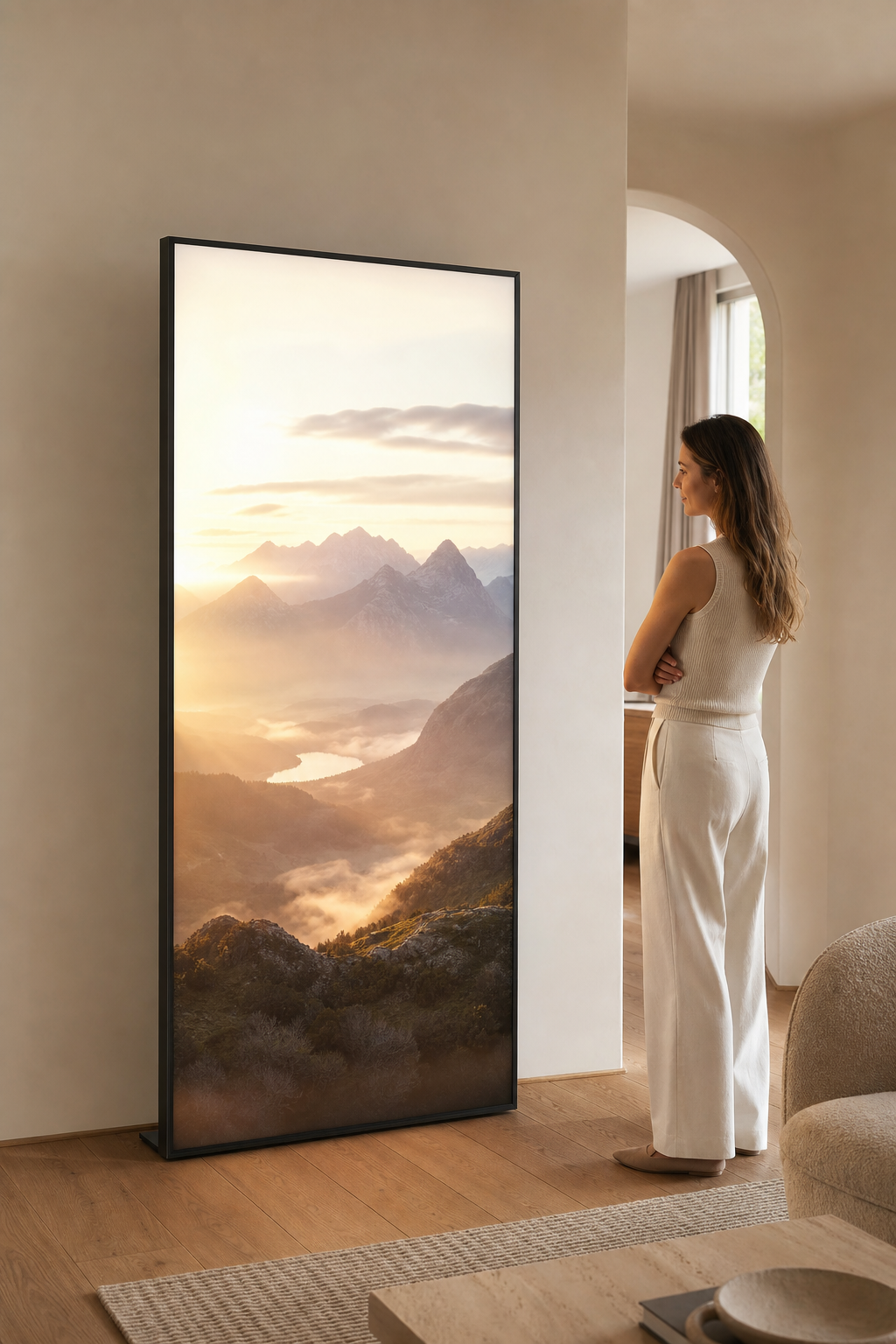 A Lit Image display glowing with a mountain landscape in a bright living room